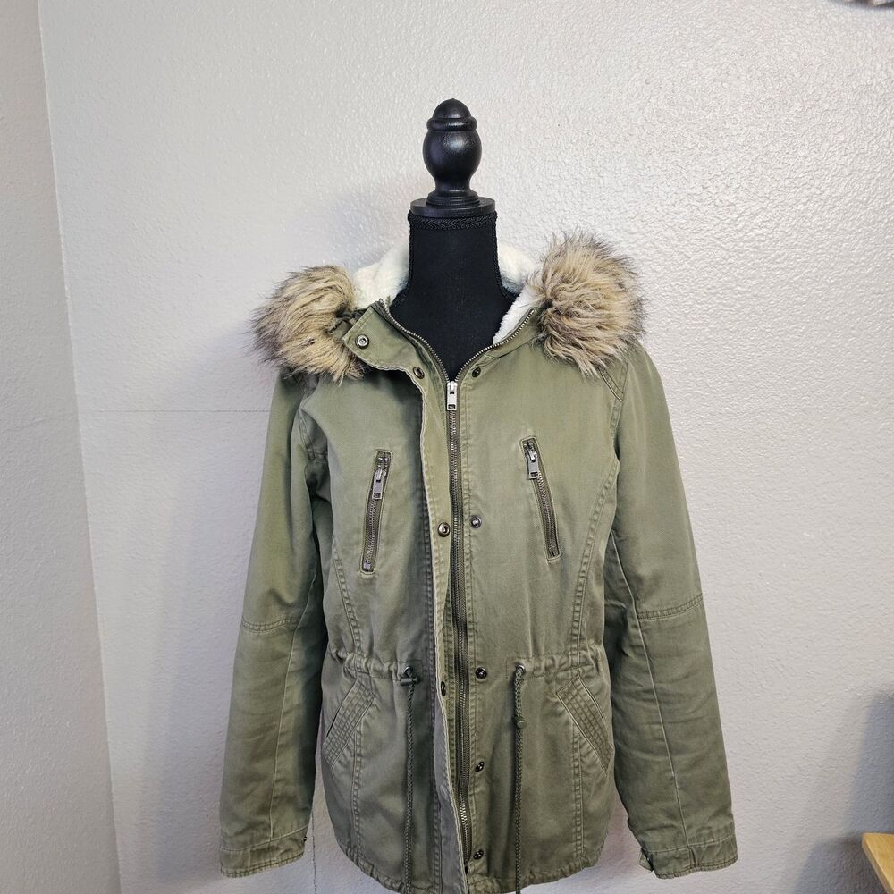 Joe Boxer Women's Olive Green Parka Jacket L Faux Fur Hood Sherpa Utility Cozy - Picture 1 of 11